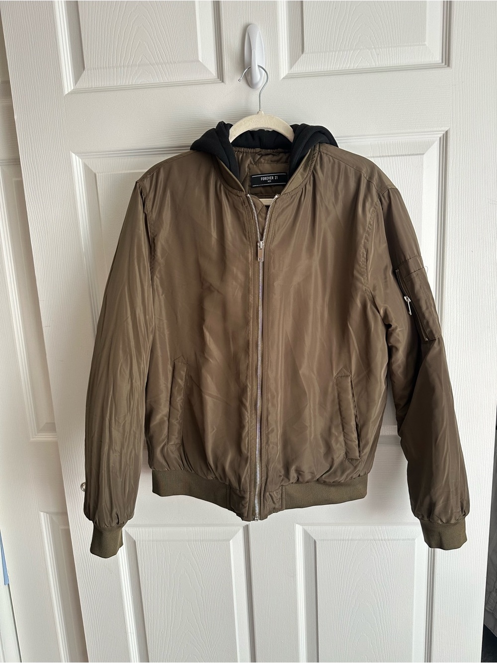 Forever 21 Men's Olive Green Bomber Jacket with Hood